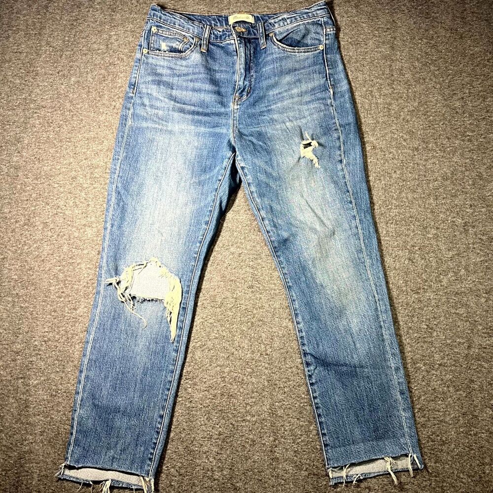 Madewell Womens 28 The High Rise Slim Boyjean Jean Distressed Raw Ankle 31x26